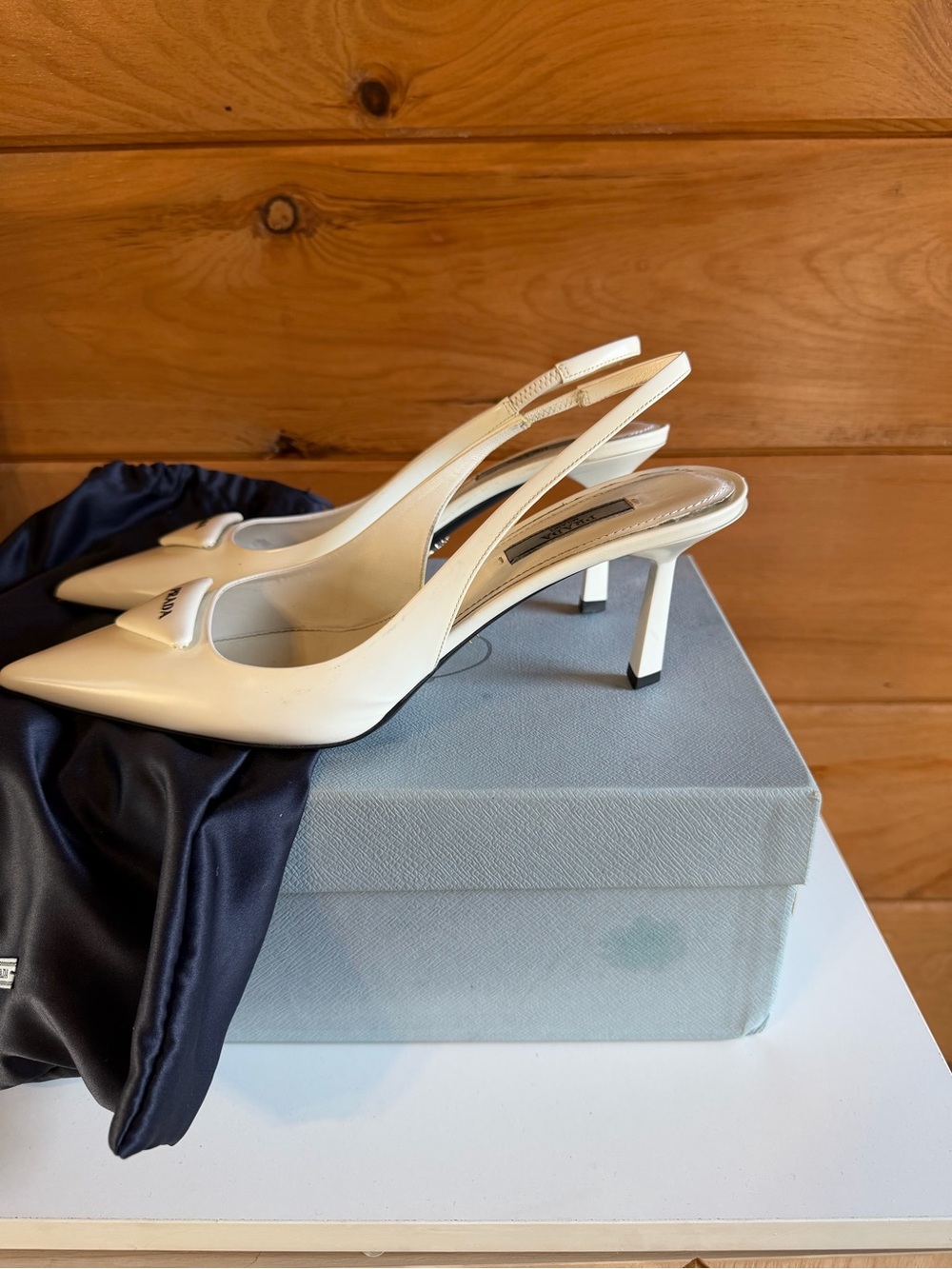 Prada White Pointed Patent Slingback Pumps - Picture 9 of 12